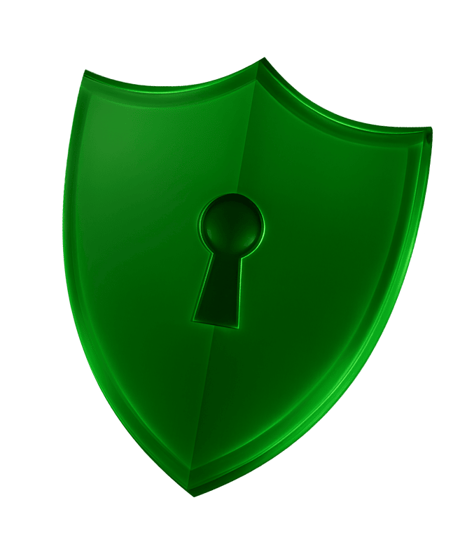 Glowing green 3D shield with keyhole security icon